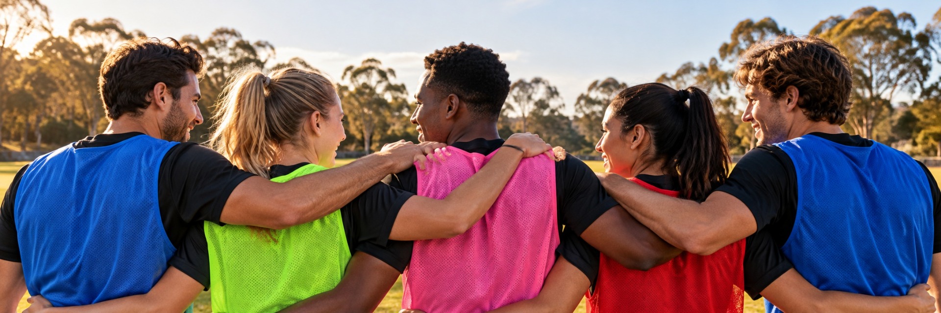 Teammates in colourful training bibs with their arms around each other