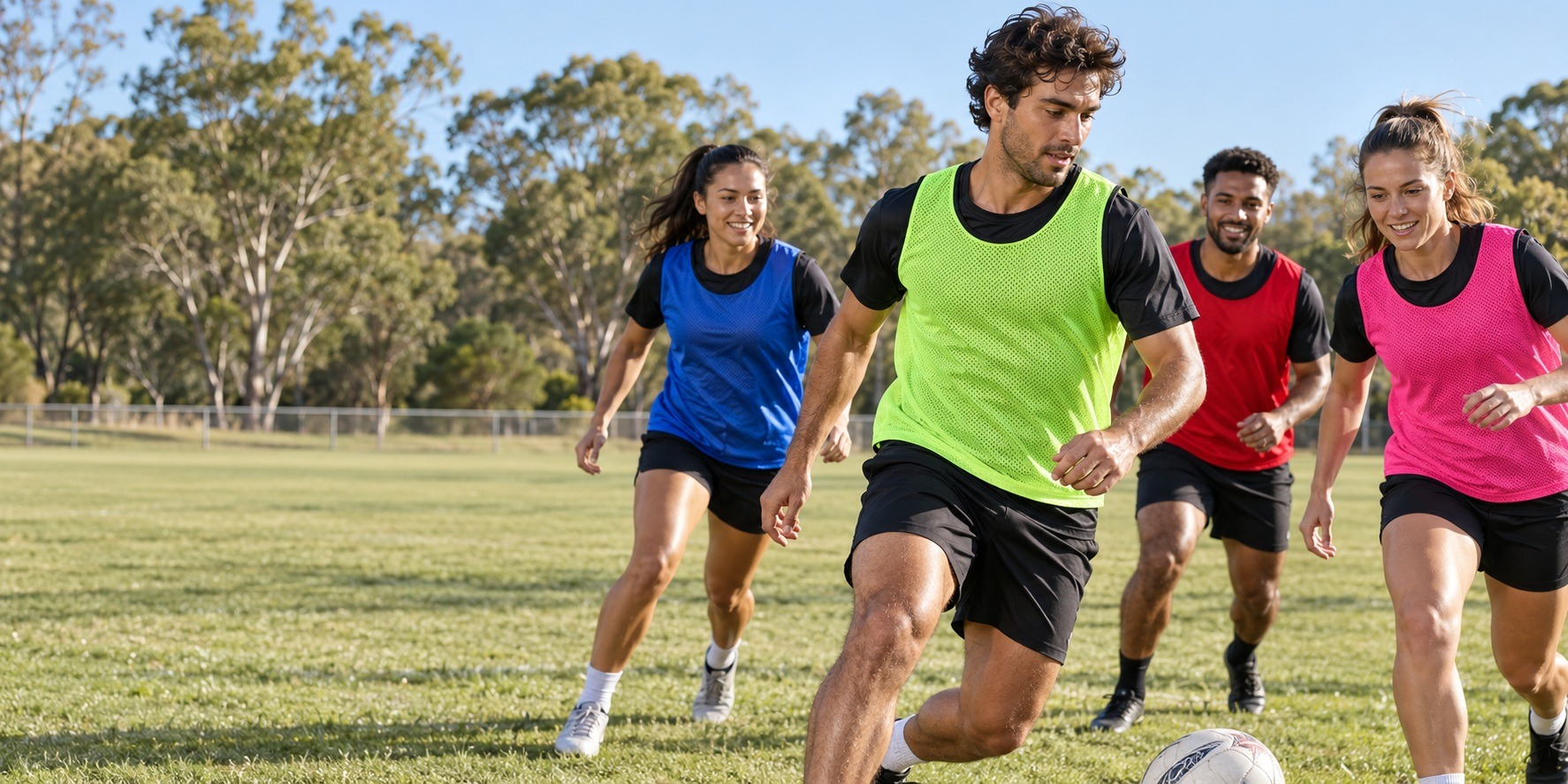 Four adults training together in colourful sports bibs on a grass field